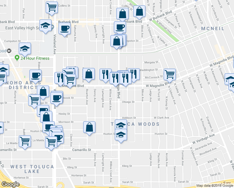 map of restaurants, bars, coffee shops, grocery stores, and more near 5129 Cahuenga Boulevard in Los Angeles