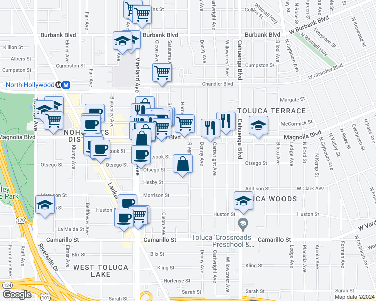 map of restaurants, bars, coffee shops, grocery stores, and more near 10819 Hartsook Street in Los Angeles