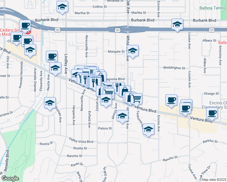 map of restaurants, bars, coffee shops, grocery stores, and more near 17815 Ventura Boulevard in Los Angeles