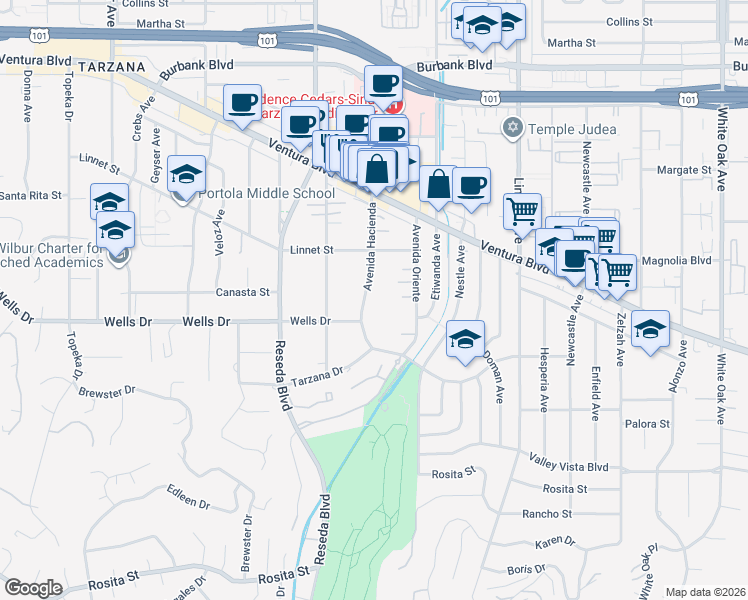 map of restaurants, bars, coffee shops, grocery stores, and more near 5135 Avenida Oriente in Los Angeles