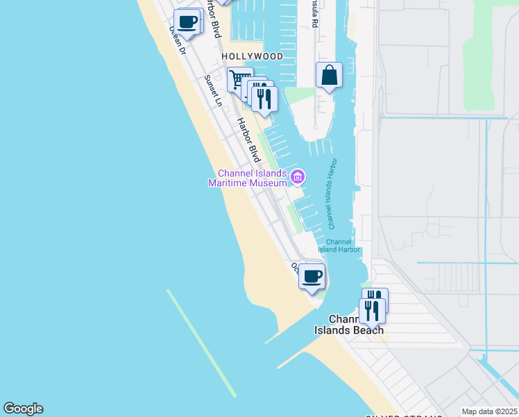 map of restaurants, bars, coffee shops, grocery stores, and more near 3445 Ocean Drive in Oxnard