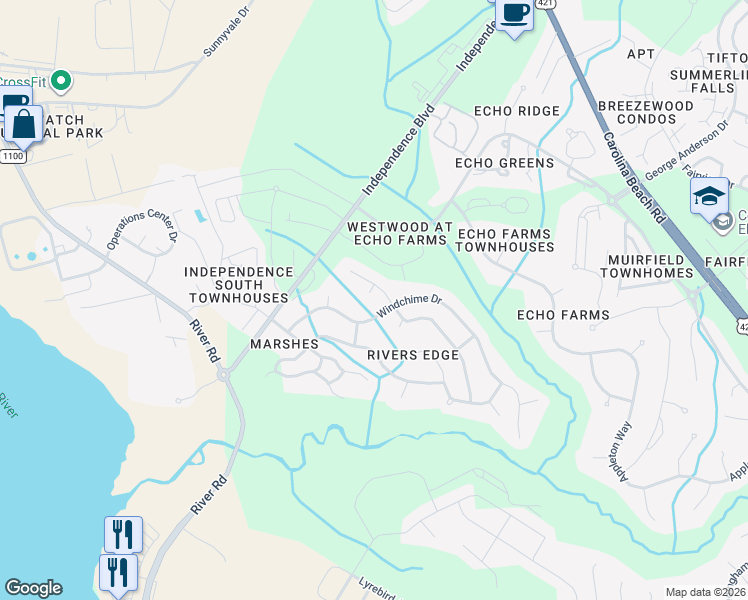 map of restaurants, bars, coffee shops, grocery stores, and more near 202 Hanging Moss Court in Wilmington
