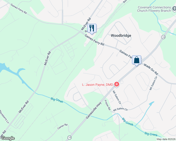 map of restaurants, bars, coffee shops, grocery stores, and more near 6192 Glen Oak Drive in Flowery Branch