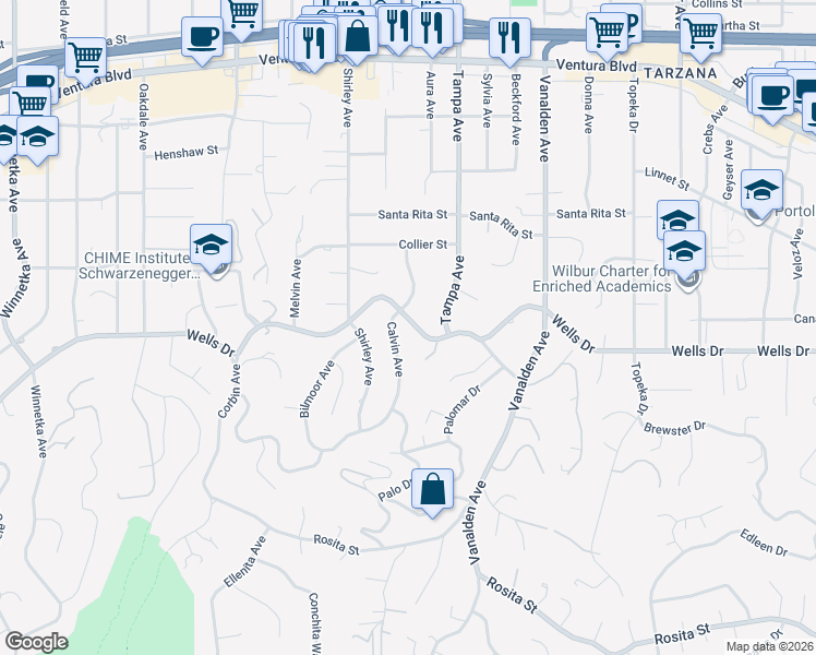 map of restaurants, bars, coffee shops, grocery stores, and more near 19358 Wells Drive in Los Angeles