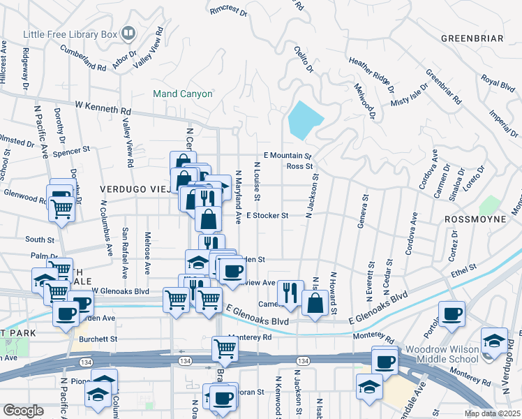 map of restaurants, bars, coffee shops, grocery stores, and more near 1204 North Louise Street in Glendale