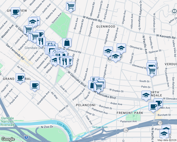 map of restaurants, bars, coffee shops, grocery stores, and more near 1150 Norton Avenue in Glendale