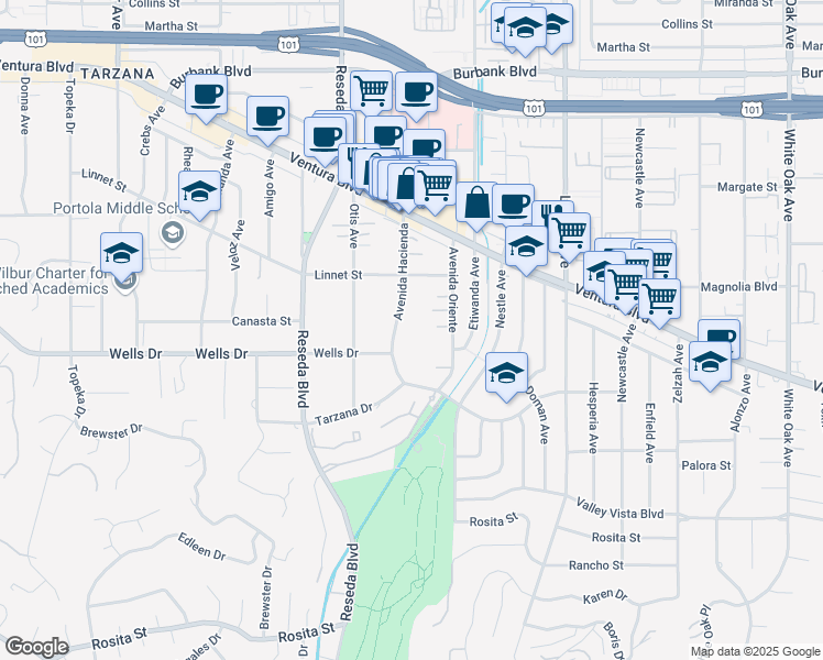 map of restaurants, bars, coffee shops, grocery stores, and more near 5128 Avenida Hacienda in Los Angeles