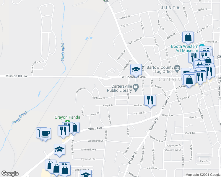 map of restaurants, bars, coffee shops, grocery stores, and more near 330 Jackson Street in Cartersville