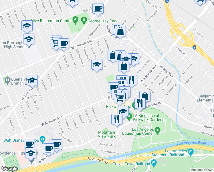 map of restaurants, bars, coffee shops, grocery stores, and more near 517 South Shelton Street in Burbank