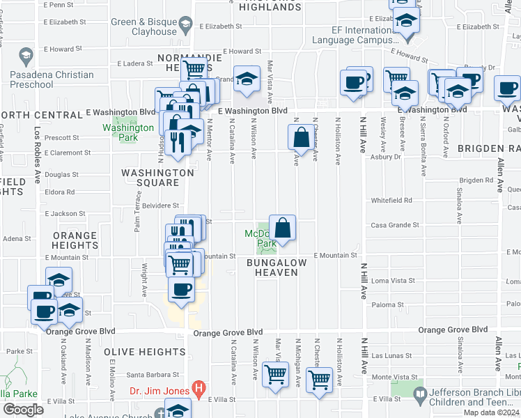 map of restaurants, bars, coffee shops, grocery stores, and more near 1040 North Wilson Avenue in Pasadena