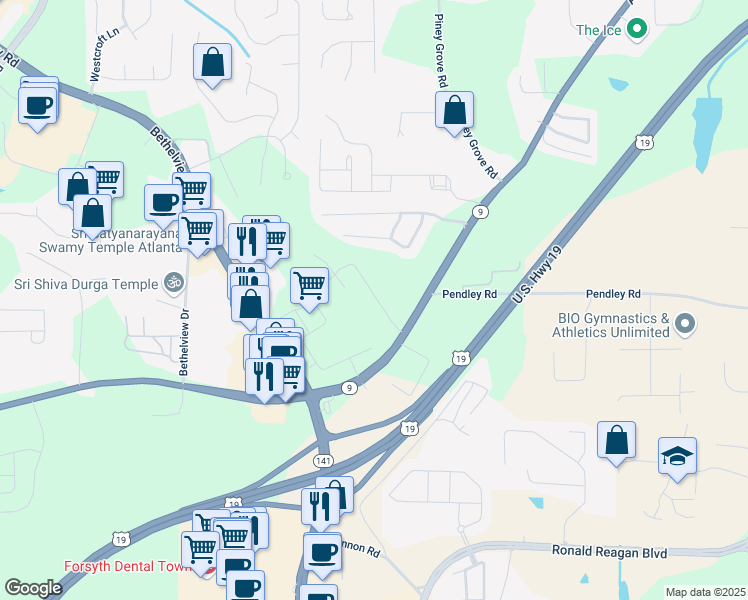 map of restaurants, bars, coffee shops, grocery stores, and more near 2145 Holly Park Drive in Cumming