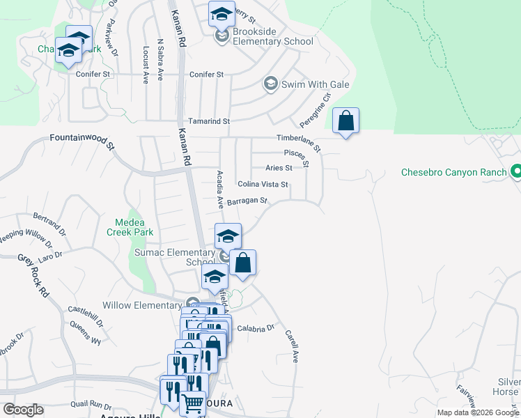 map of restaurants, bars, coffee shops, grocery stores, and more near 28789 Eagleton Street in Agoura Hills