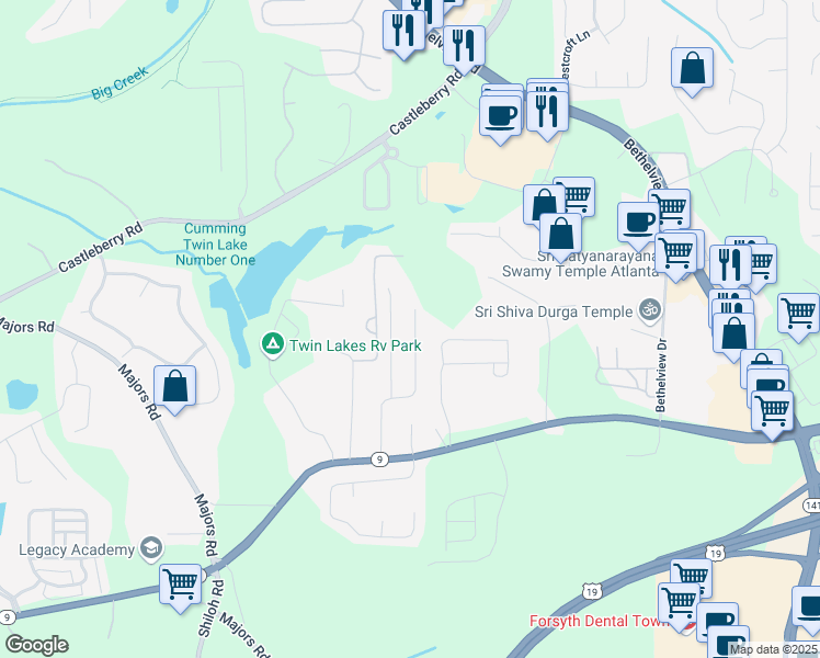 map of restaurants, bars, coffee shops, grocery stores, and more near 3067 Kentmere Drive in Cumming