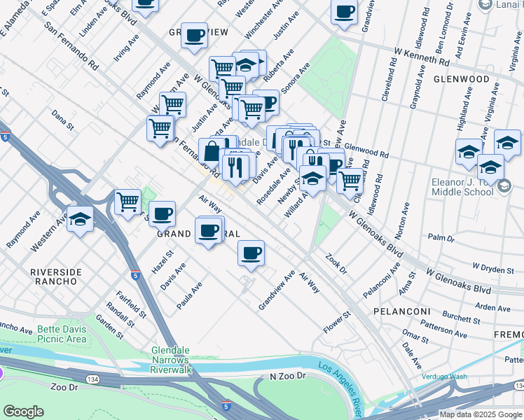 map of restaurants, bars, coffee shops, grocery stores, and more near 6226 San Fernando Road in Glendale