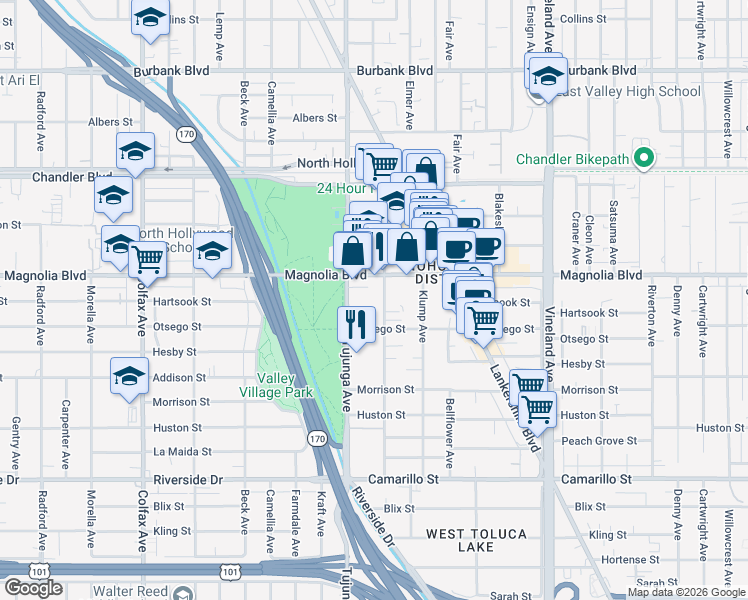 map of restaurants, bars, coffee shops, grocery stores, and more near 5143 Bakman Avenue in Los Angeles