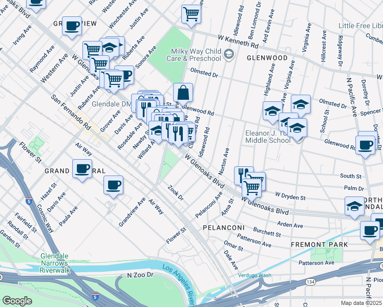 map of restaurants, bars, coffee shops, grocery stores, and more near 1045 West Glenoaks Boulevard in Glendale