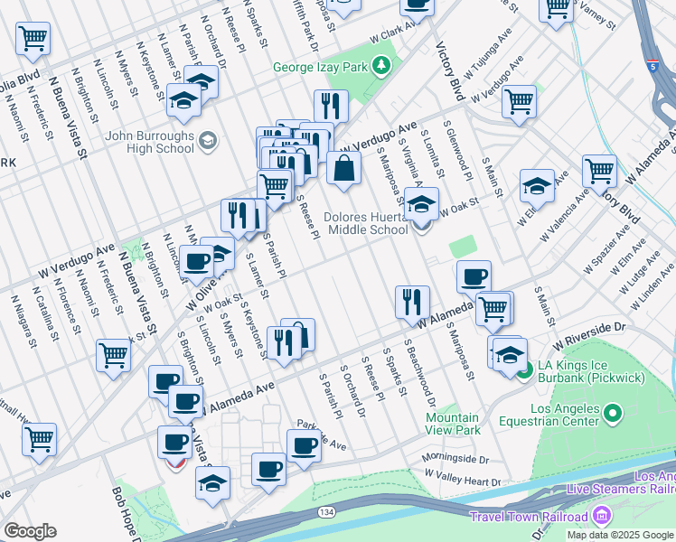 map of restaurants, bars, coffee shops, grocery stores, and more near 316 South Reese Place in Burbank