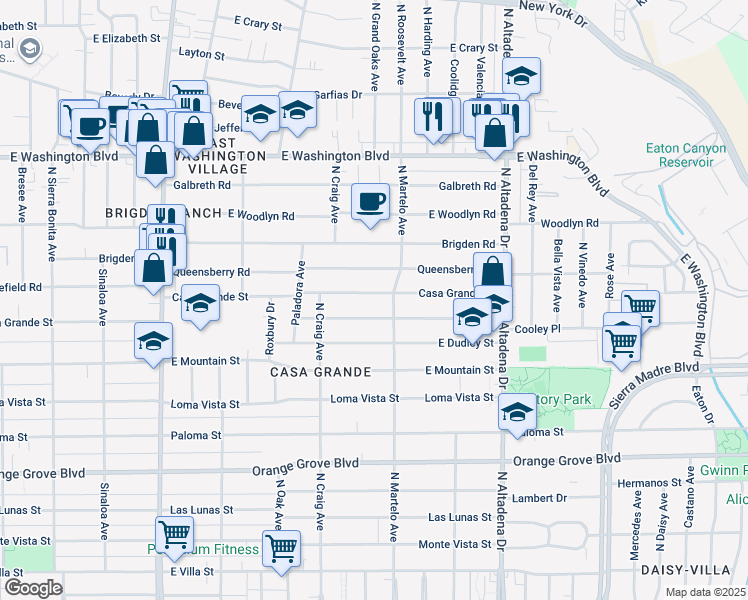 map of restaurants, bars, coffee shops, grocery stores, and more near 2254 Casa Grande Street in Pasadena
