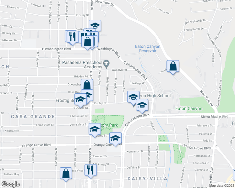 map of restaurants, bars, coffee shops, grocery stores, and more near 1030 North Vinedo Avenue in Pasadena