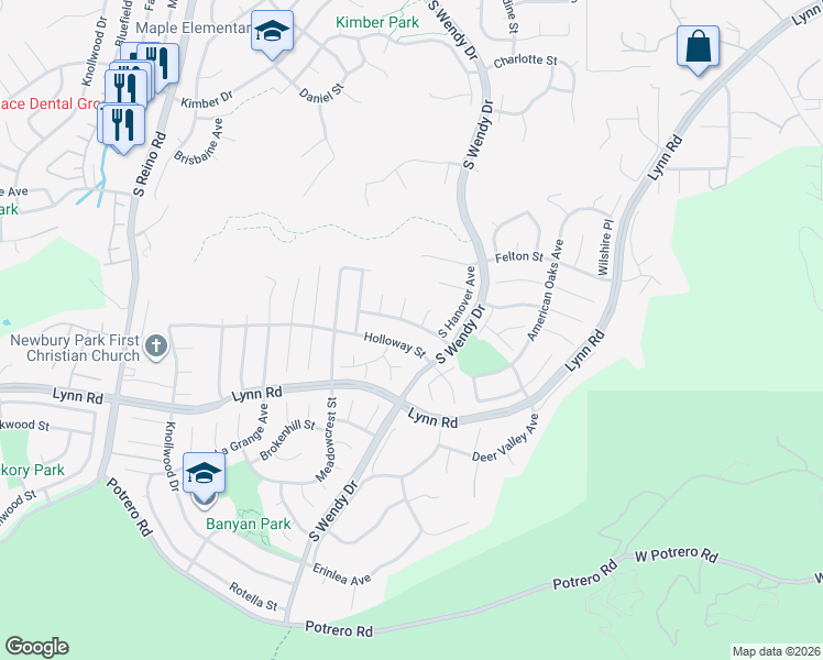 map of restaurants, bars, coffee shops, grocery stores, and more near 3338 Corning Street in Thousand Oaks
