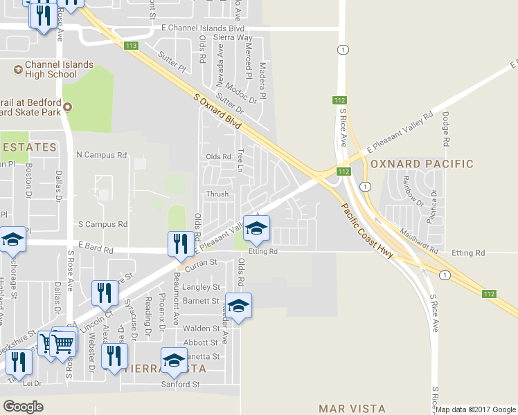 map of restaurants, bars, coffee shops, grocery stores, and more near 1645 Lime Avenue in Oxnard