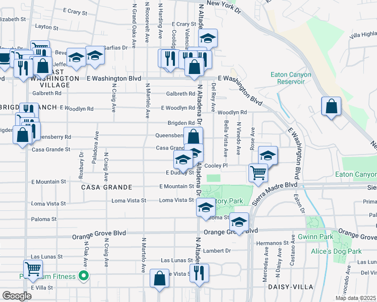 map of restaurants, bars, coffee shops, grocery stores, and more near 2498 Casa Grande Street in Pasadena