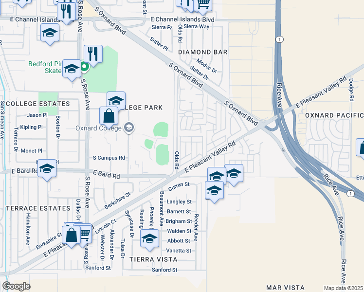map of restaurants, bars, coffee shops, grocery stores, and more near 4022 Mockingbird Lane in Oxnard