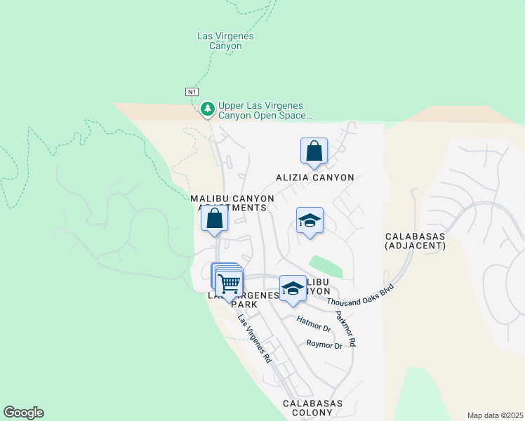 map of restaurants, bars, coffee shops, grocery stores, and more near 26250 Alizia Canyon Drive in Calabasas
