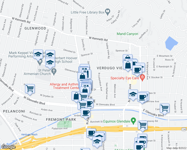 map of restaurants, bars, coffee shops, grocery stores, and more near 1214 Dorothy Drive in Glendale