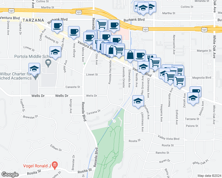 map of restaurants, bars, coffee shops, grocery stores, and more near 5128 Avenida Hacienda in Los Angeles