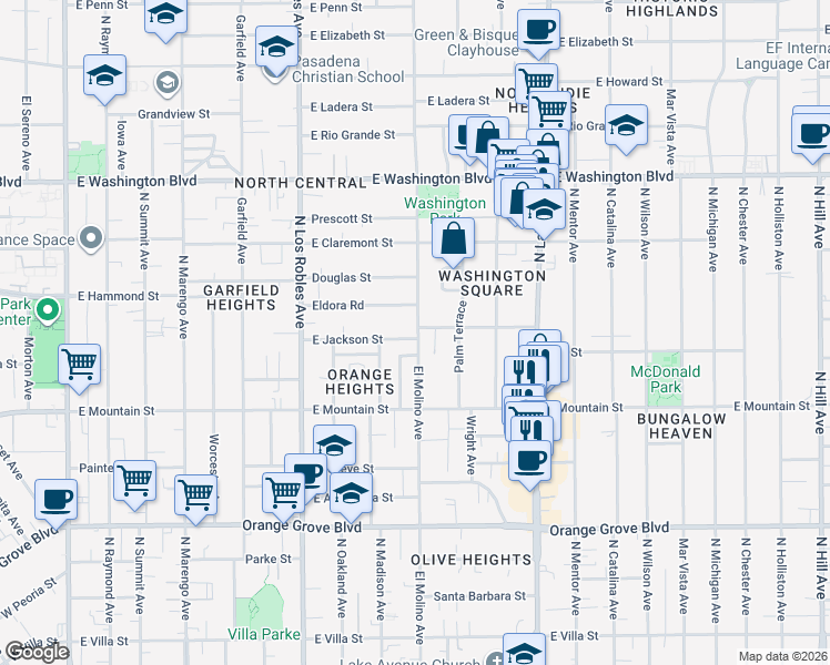 map of restaurants, bars, coffee shops, grocery stores, and more near 645 East Jackson Street in Pasadena