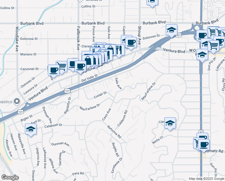 map of restaurants, bars, coffee shops, grocery stores, and more near 22629 Crespi Street in Los Angeles