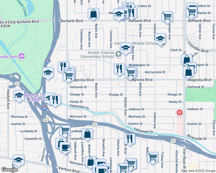map of restaurants, bars, coffee shops, grocery stores, and more near 15011 Hartsook Street in Los Angeles