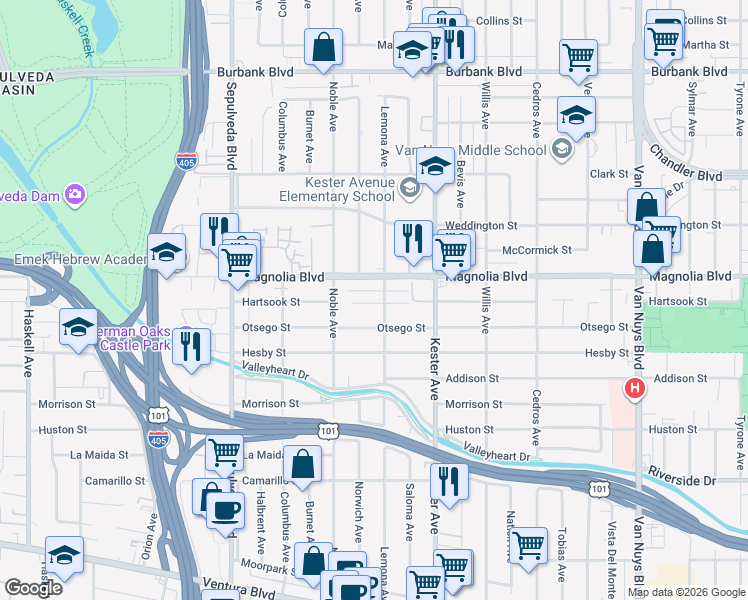 map of restaurants, bars, coffee shops, grocery stores, and more near 15011 Hartsook Street in Los Angeles