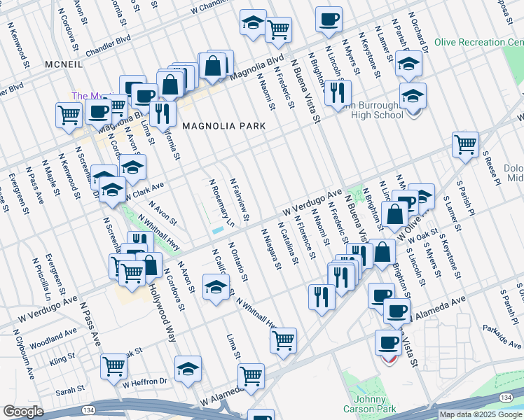 map of restaurants, bars, coffee shops, grocery stores, and more near 512 North Niagara Street in Burbank