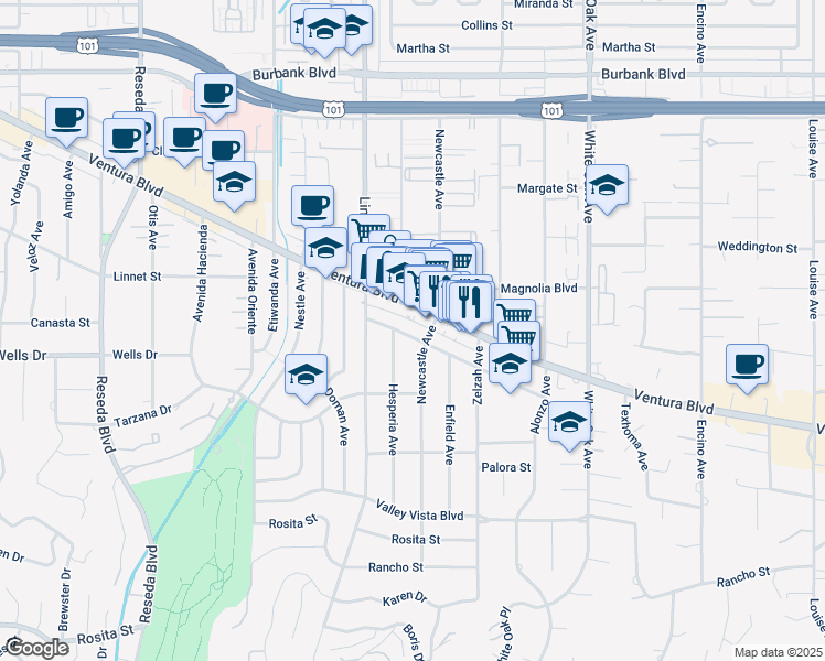 map of restaurants, bars, coffee shops, grocery stores, and more near 18019 Santa Rita Street in Los Angeles