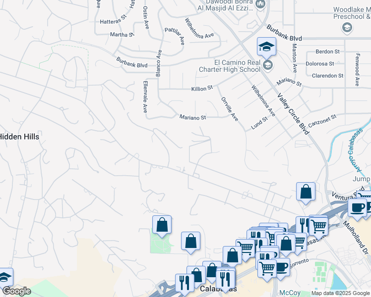 map of restaurants, bars, coffee shops, grocery stores, and more near 5798 Penland Road in Hidden Hills