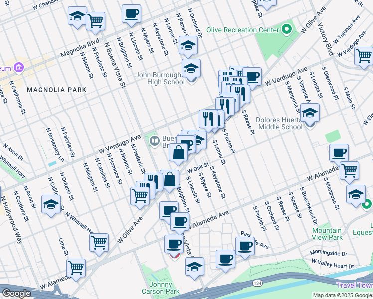 map of restaurants, bars, coffee shops, grocery stores, and more near 119 North Myers Street in Burbank