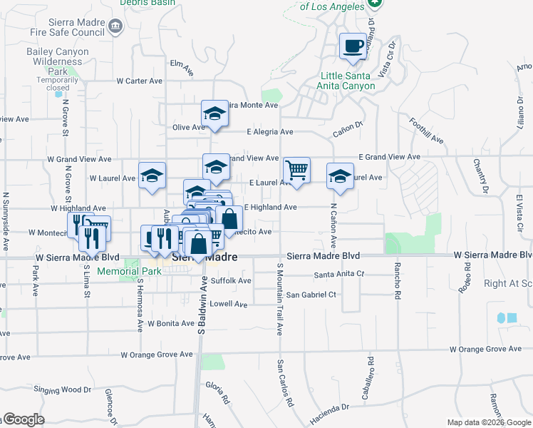 map of restaurants, bars, coffee shops, grocery stores, and more near 156 East Highland Avenue in Sierra Madre