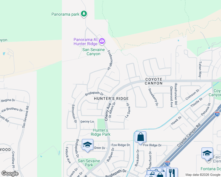 map of restaurants, bars, coffee shops, grocery stores, and more near 14815 Bugle Court in Fontana