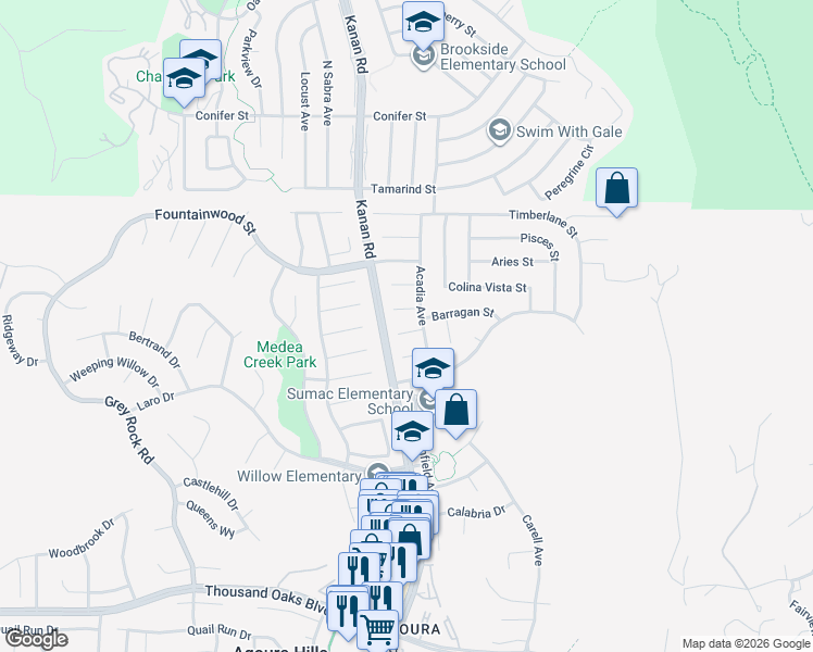 map of restaurants, bars, coffee shops, grocery stores, and more near 28907 Canmore Street in Agoura Hills