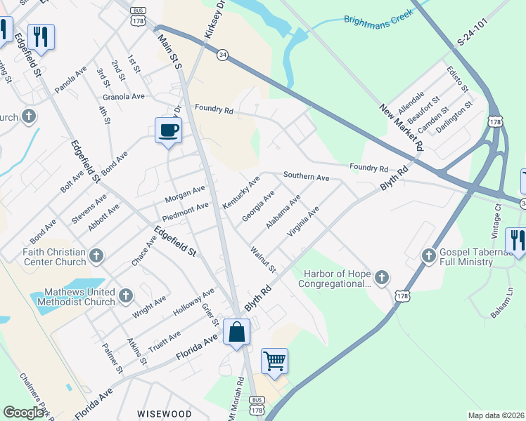map of restaurants, bars, coffee shops, grocery stores, and more near 214 Georgia Avenue in Greenwood