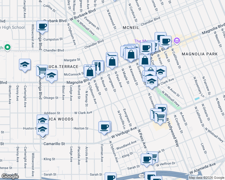 map of restaurants, bars, coffee shops, grocery stores, and more near 843 Evergreen Street in Burbank