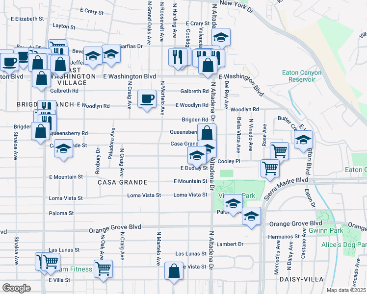 map of restaurants, bars, coffee shops, grocery stores, and more near 2400 Casa Grande Street in Pasadena