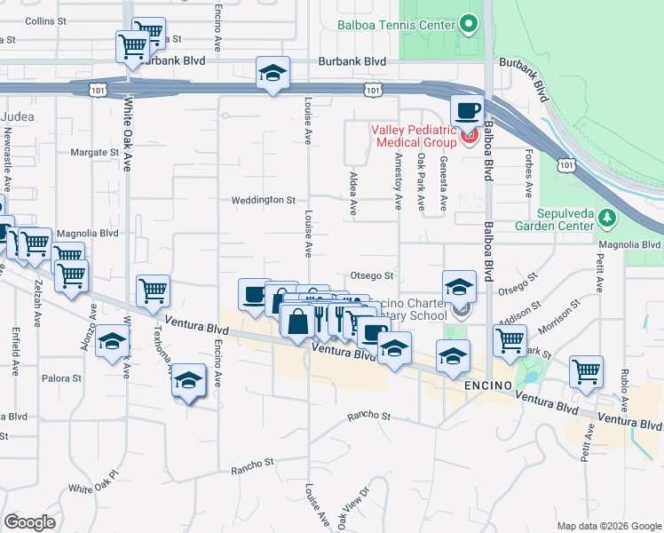 map of restaurants, bars, coffee shops, grocery stores, and more near 17235 Otsego Street in Los Angeles