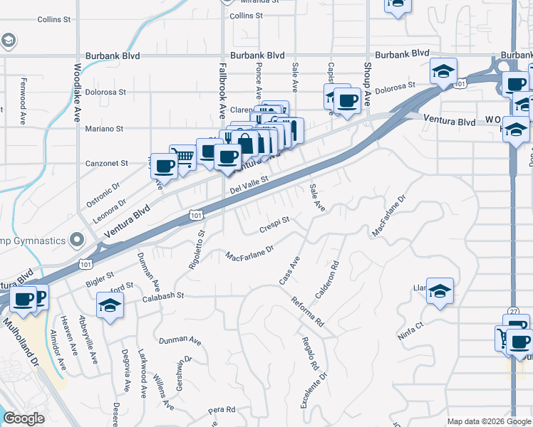 map of restaurants, bars, coffee shops, grocery stores, and more near 5167 Knollwood Way in Los Angeles