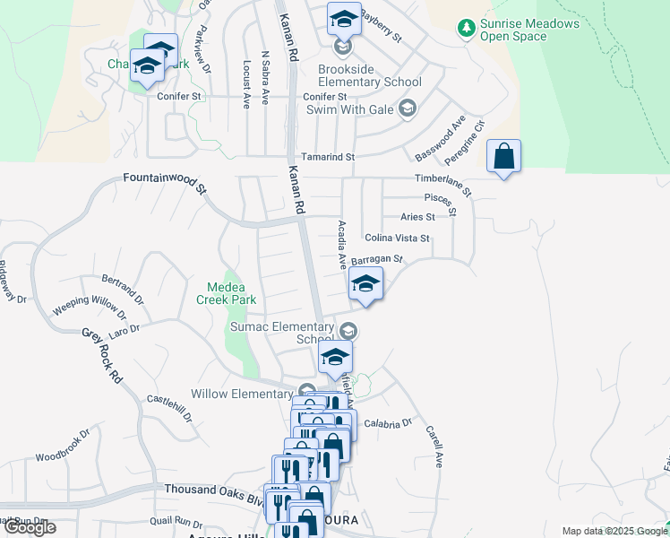 map of restaurants, bars, coffee shops, grocery stores, and more near 28907 Canmore Street in Agoura Hills