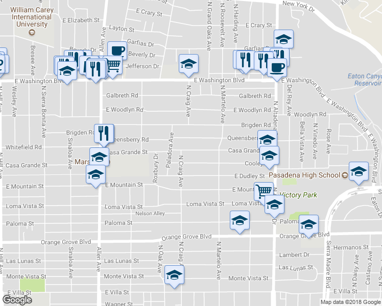 map of restaurants, bars, coffee shops, grocery stores, and more near 2182 Casa Grande Street in Pasadena