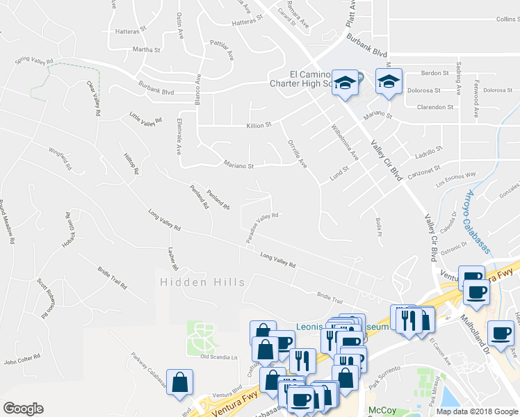 map of restaurants, bars, coffee shops, grocery stores, and more near 5505 Paradise Valley Road in Hidden Hills