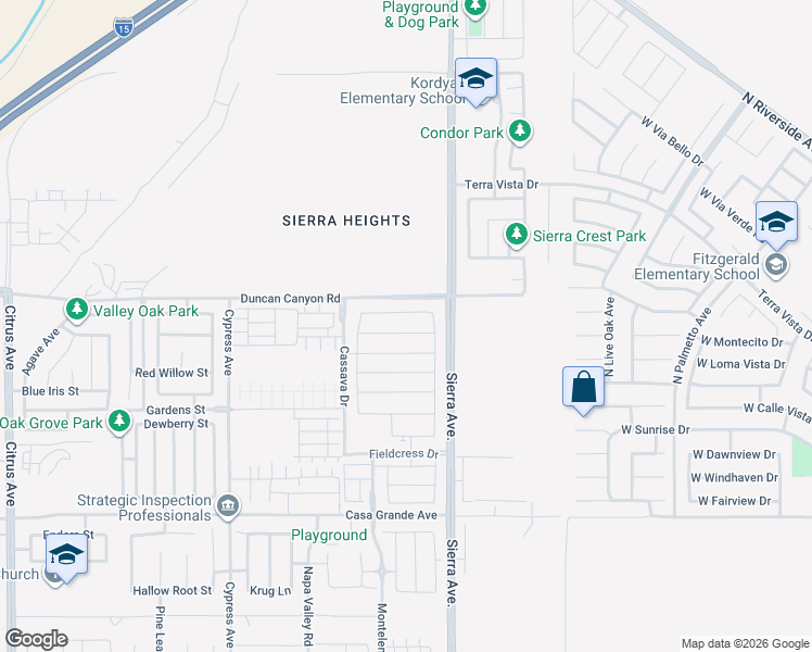 map of restaurants, bars, coffee shops, grocery stores, and more near 4936 Sierra Avenue in Fontana